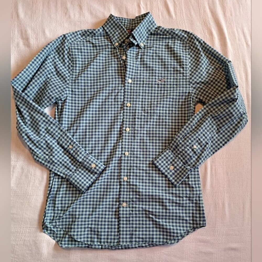 Vineyard Vines men's size small blue & mint gingham long sleeve shirt EUC